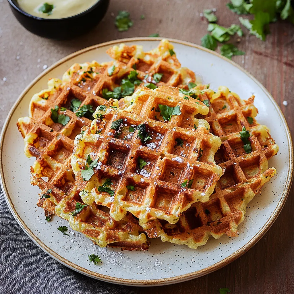 A plate of waffles with green toppings.