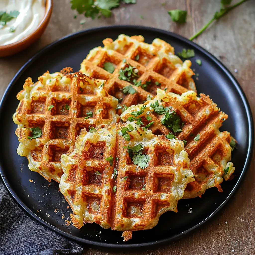 A plate of waffles with green toppings.
