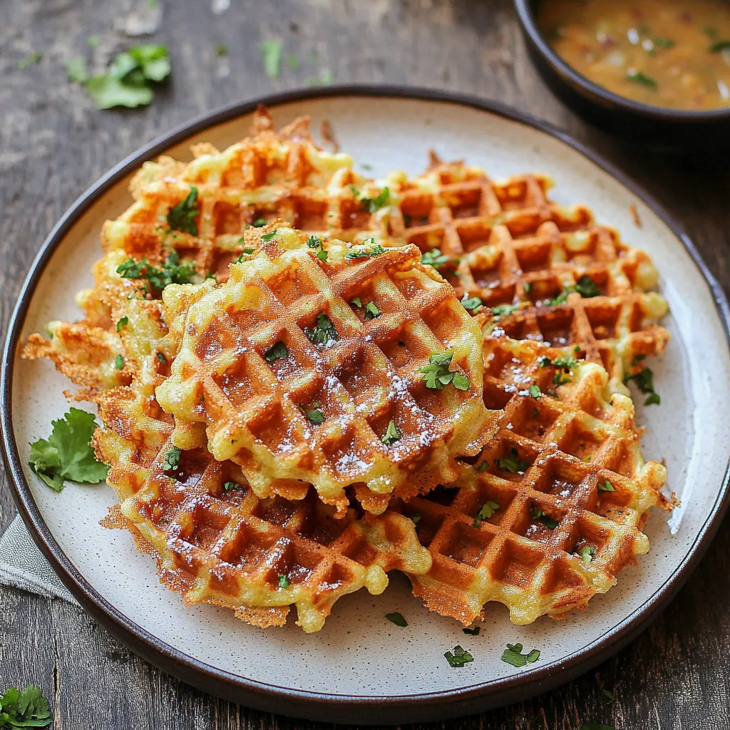 A plate of waffles with sauce.