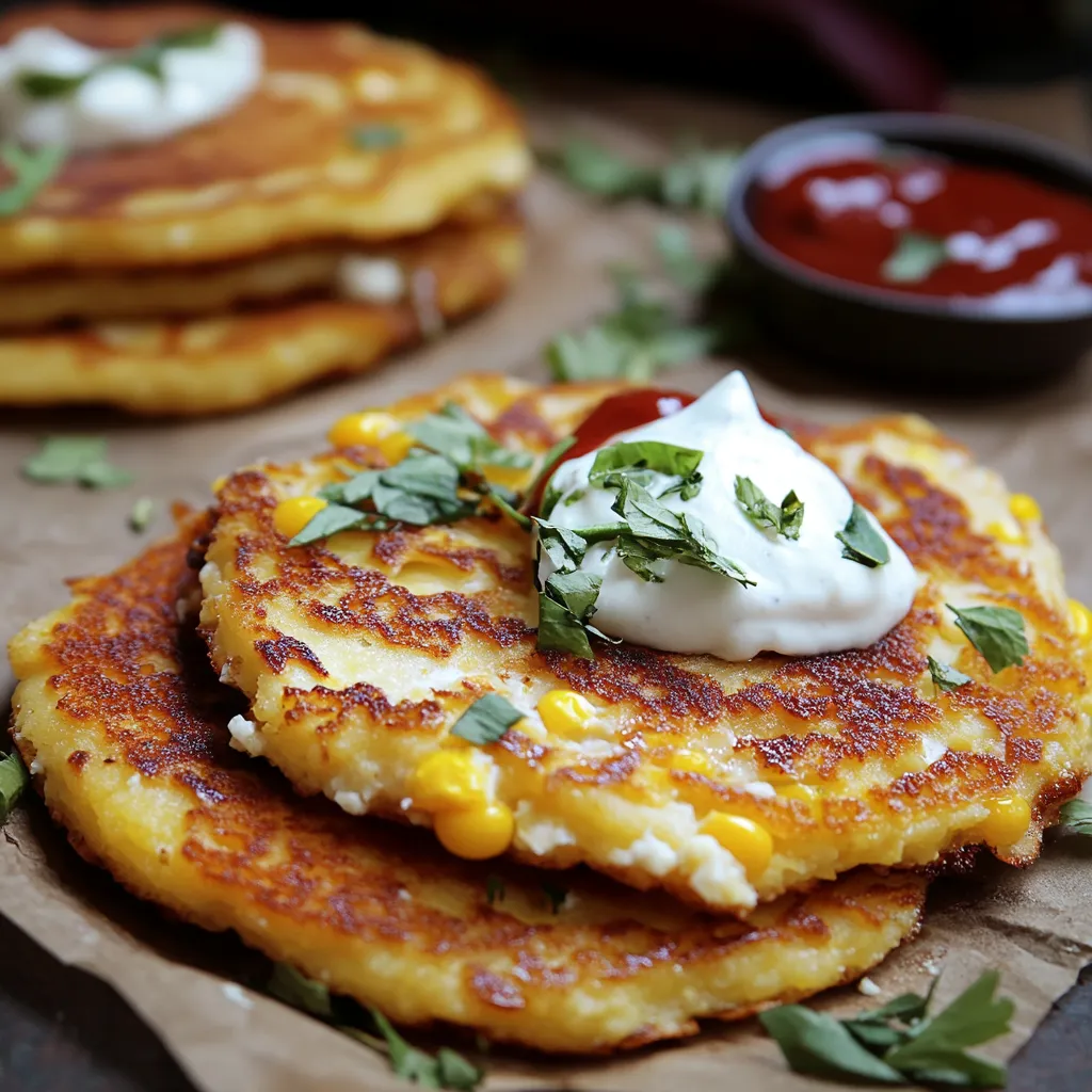 A stack of pancakes with white sauce on top.