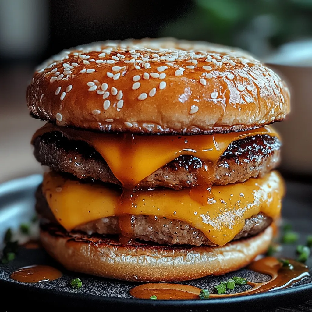 A close up of a cheeseburger with a bun.