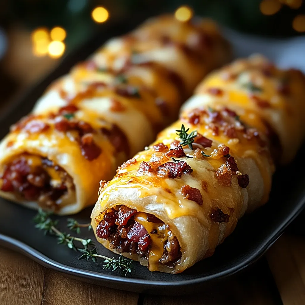 Two cheese and bacon wrapped meat rolls on a plate.