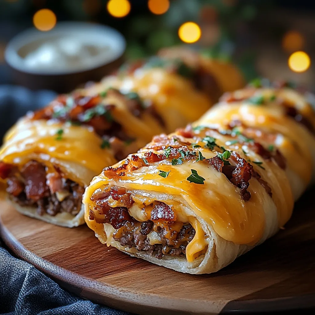 Two bacon wrapped meat rolls with cheese.