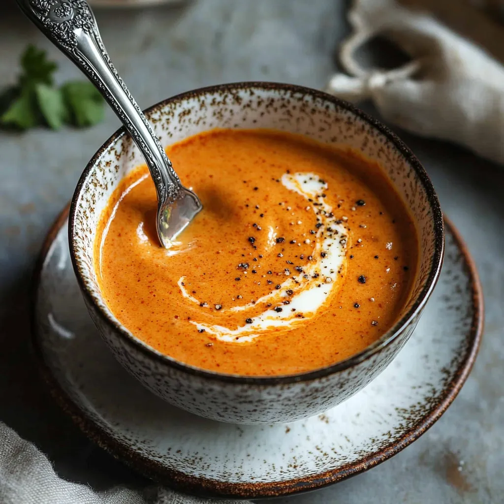 A bowl of soup with a spoon in it.