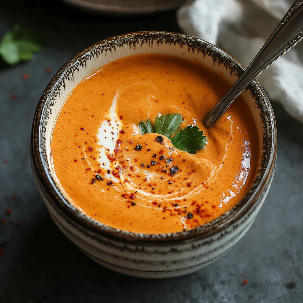 A bowl of soup with a spoon in it.