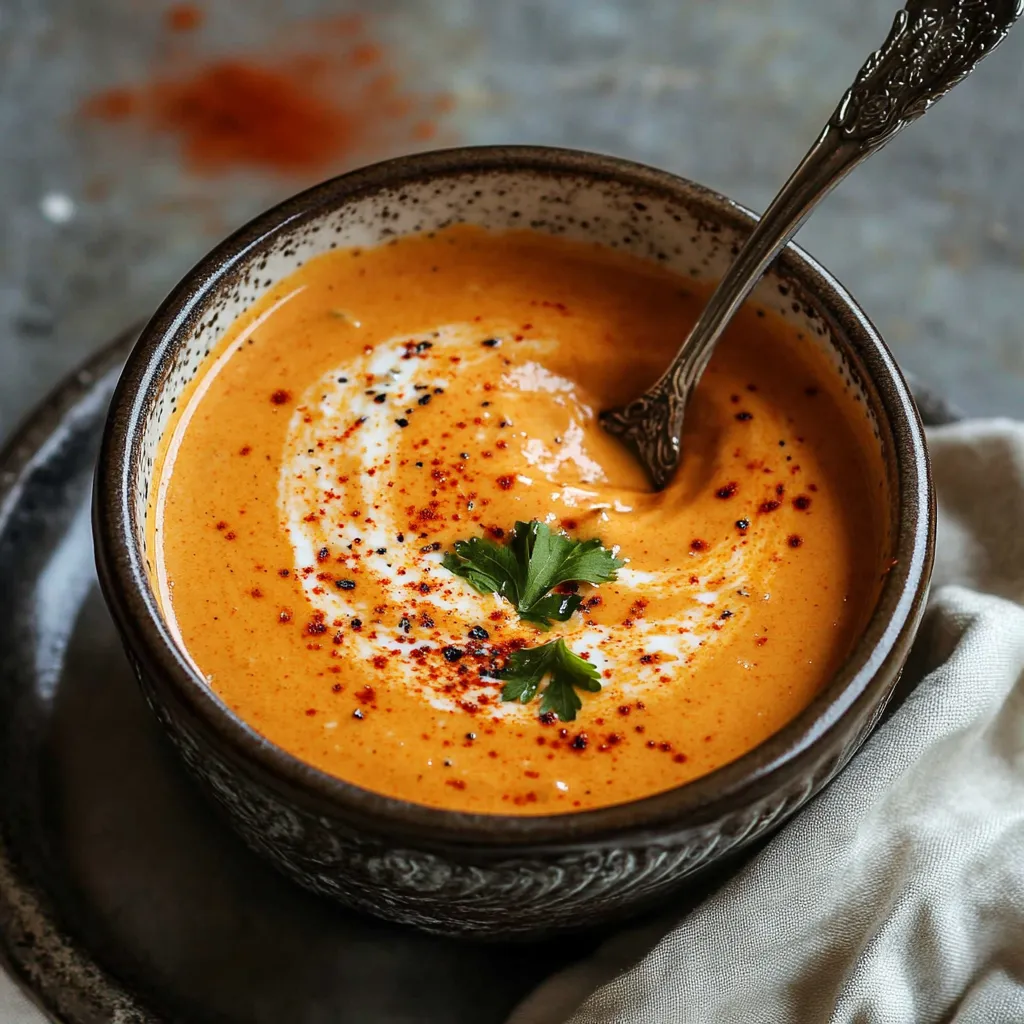 A bowl of soup with a spoon in it.