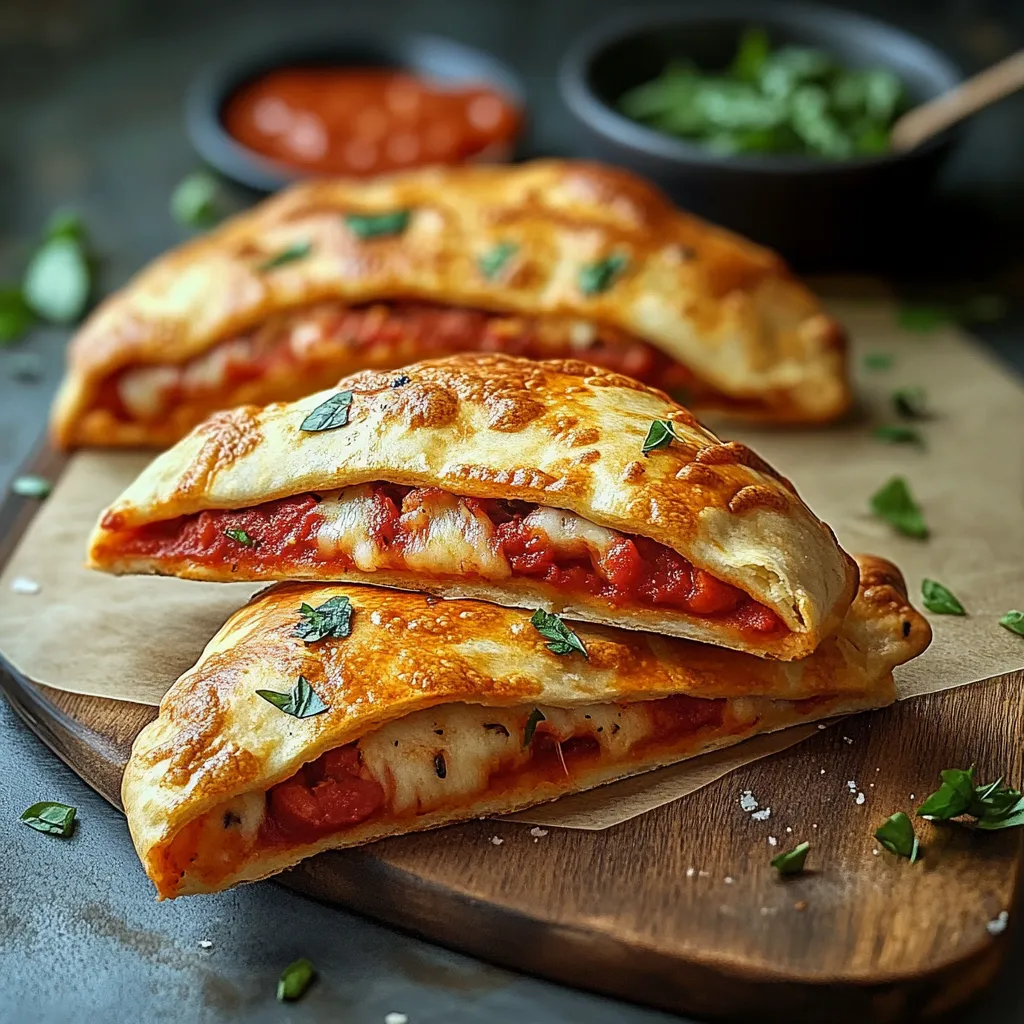 Two calzones with sauce on a wooden cutting board.