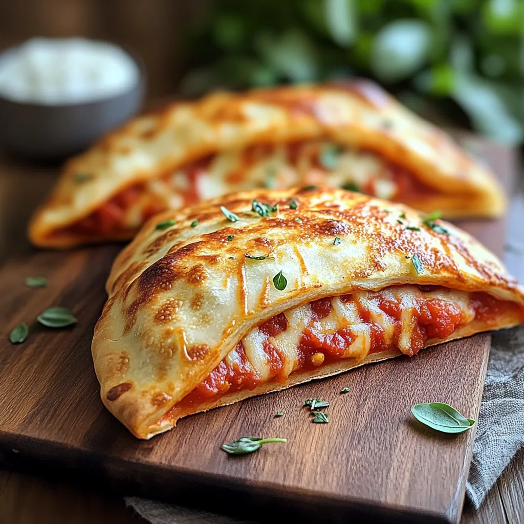 Two cheese and tomato filled calzones on a wooden cutting board.