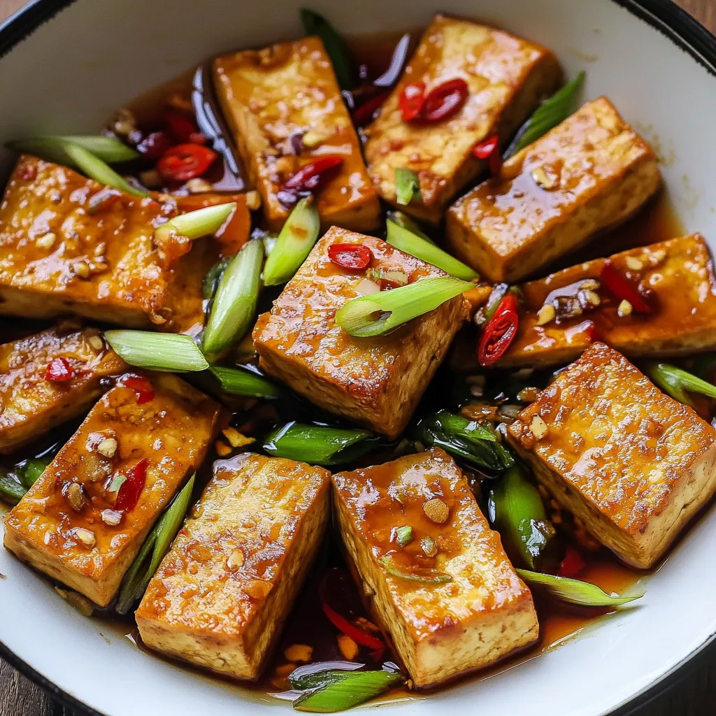 A bowl of food with red peppers and green onions.