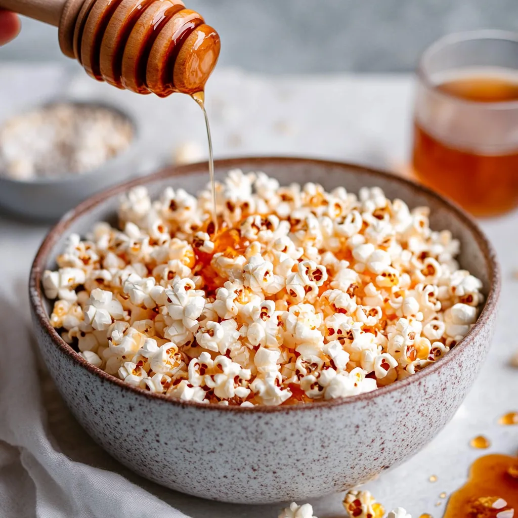A bowl of popcorn with honey drizzled on top.
