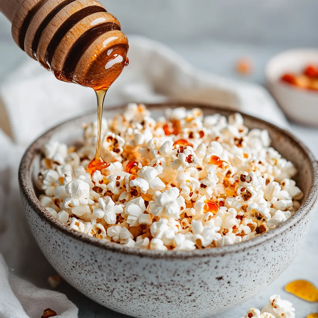 A bowl of popcorn with honey drizzled over it.