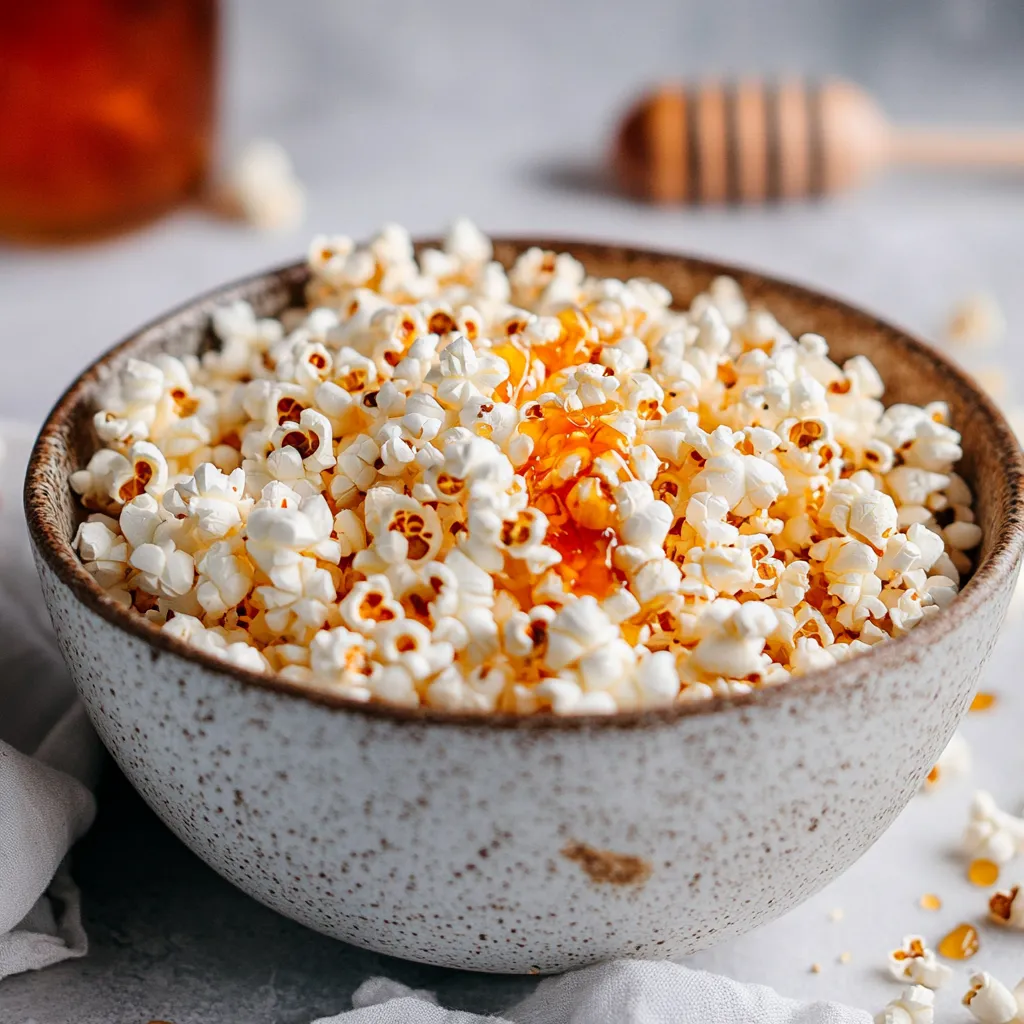 A bowl of popcorn with a honey drizzle.