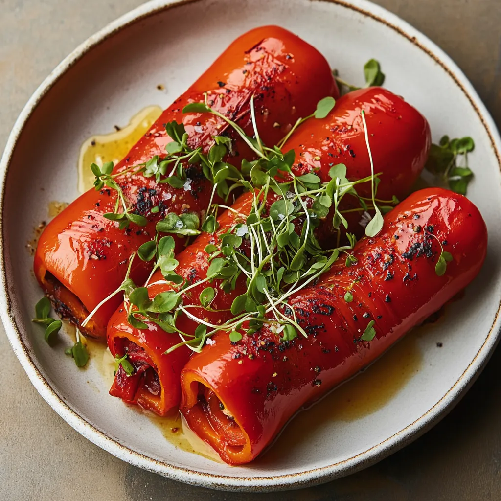A plate of red peppers with greens on top.