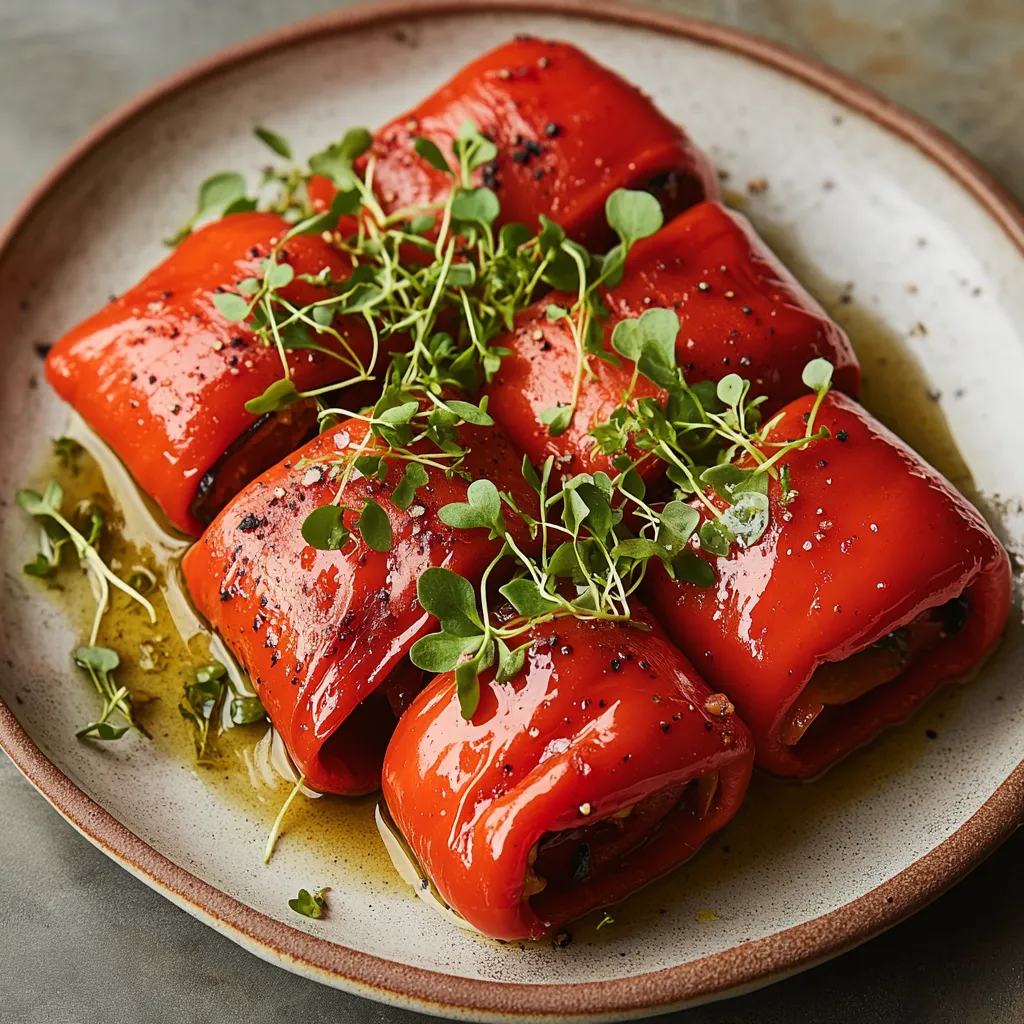 A plate of red peppers with greens on top.