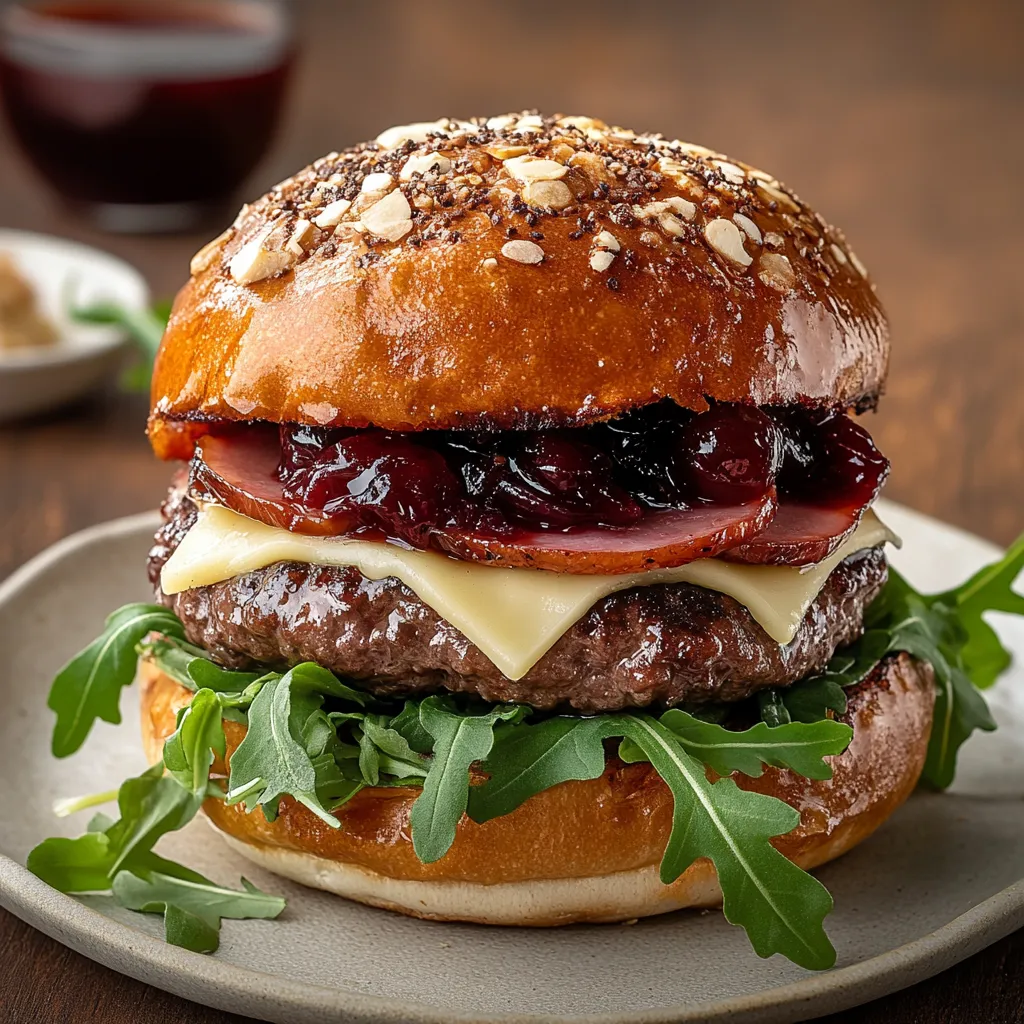 A burger with bacon and cherries on top.