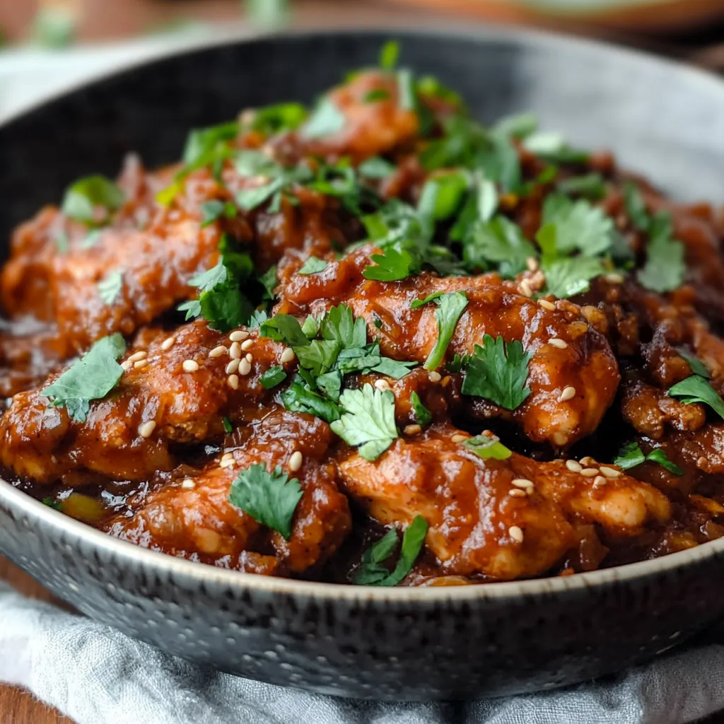 A bowl of chicken with green onions and spices.