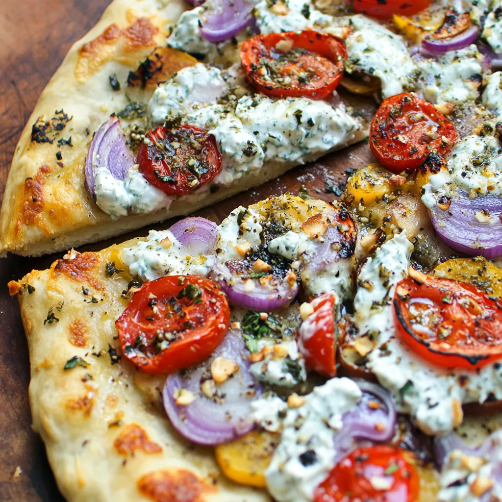 A pizza with tomatoes, onions, and cheese.