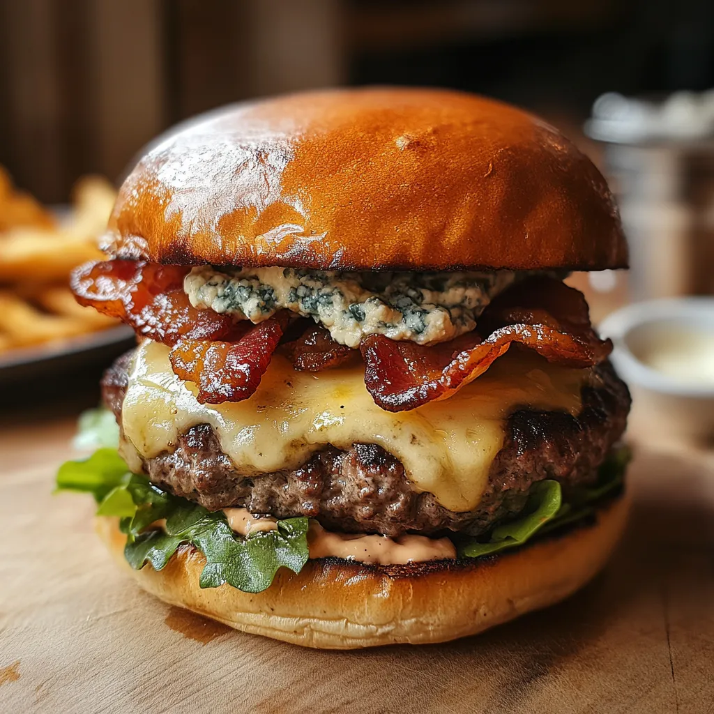 A burger with bacon and blue cheese.