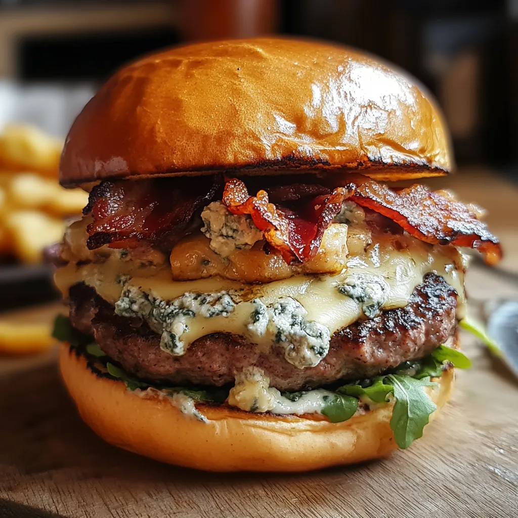 A burger with bacon and blue cheese.