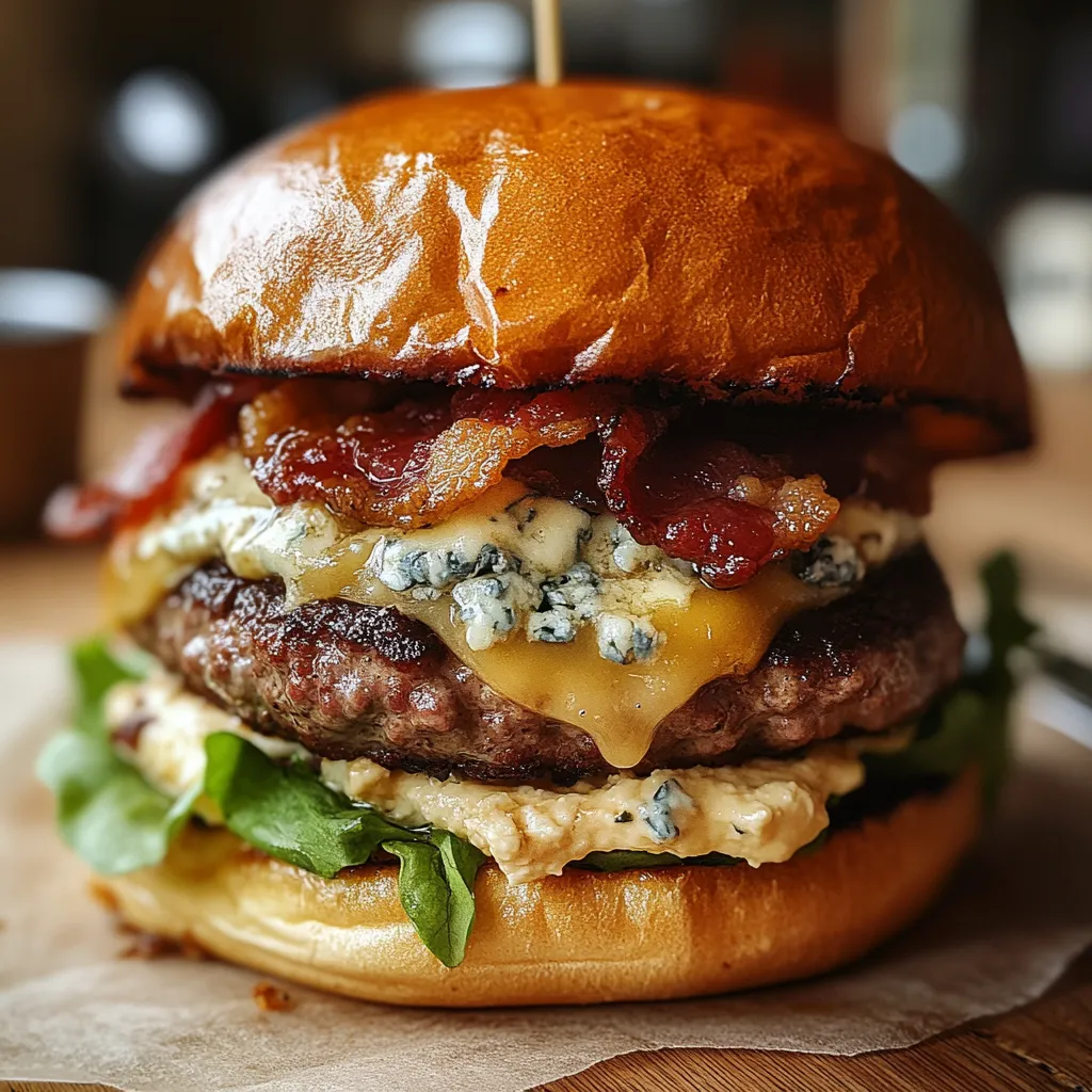 A burger with bacon and blue cheese.