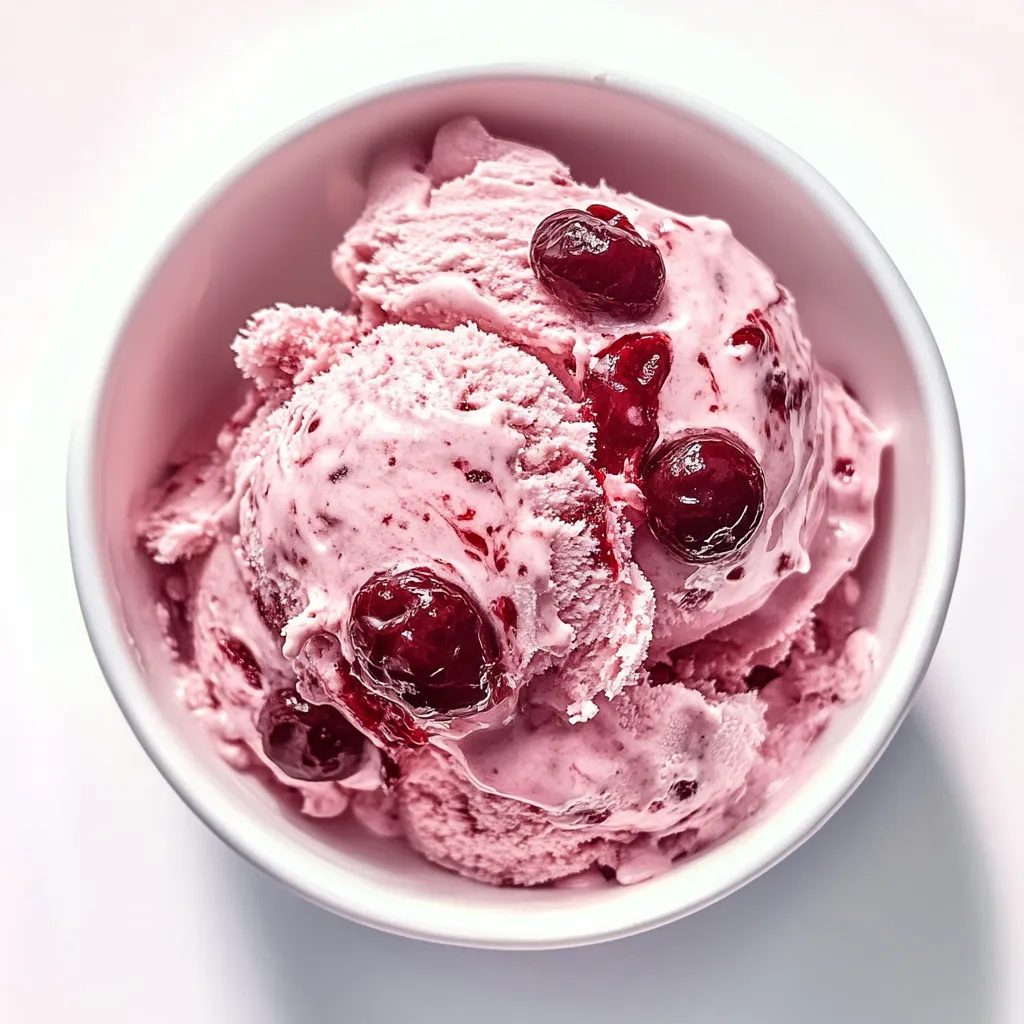 A bowl of pink ice cream with cherries on top.