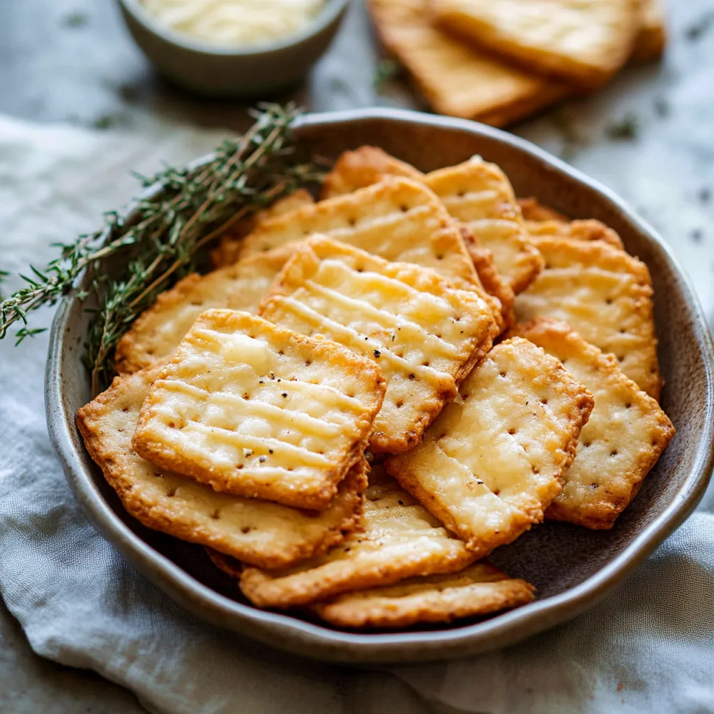 A bowl of crackers with cheese and herbs.
