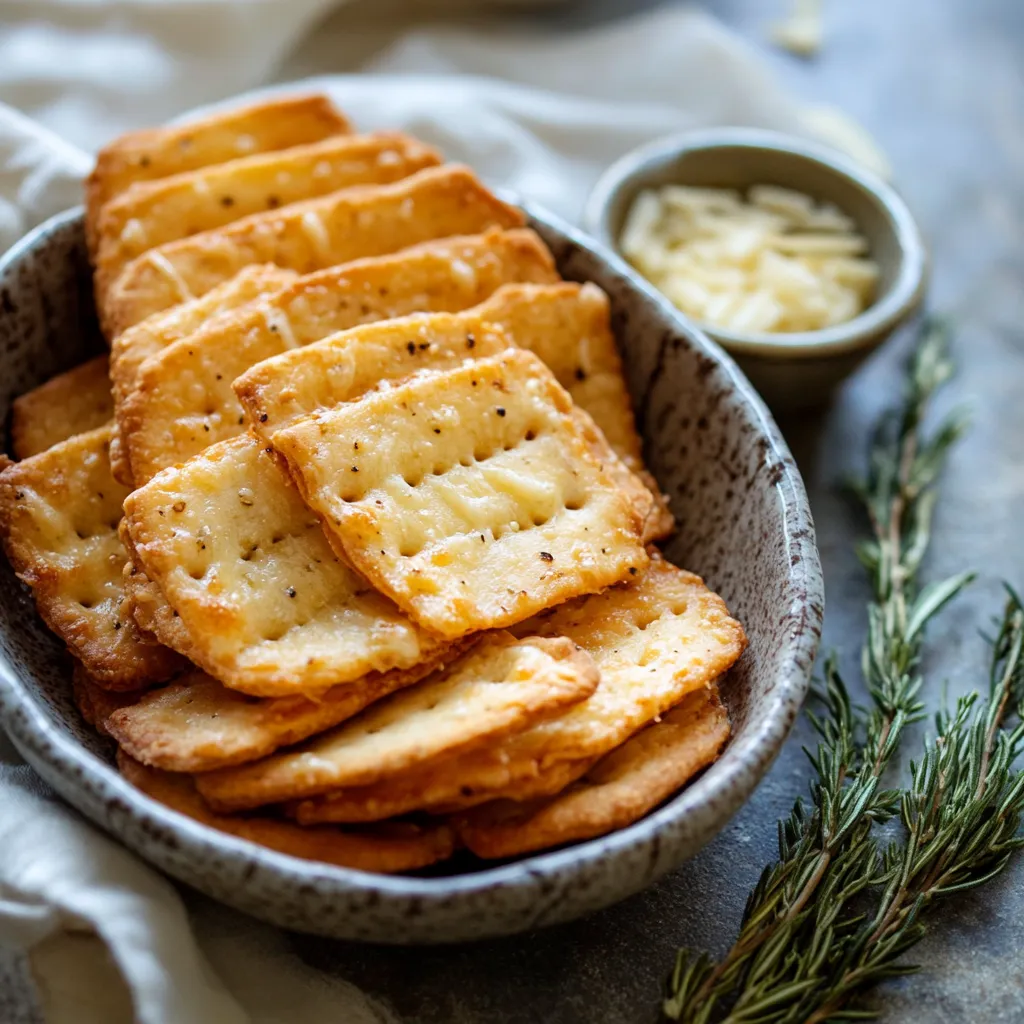 A bowl of crackers with cheese and herbs.