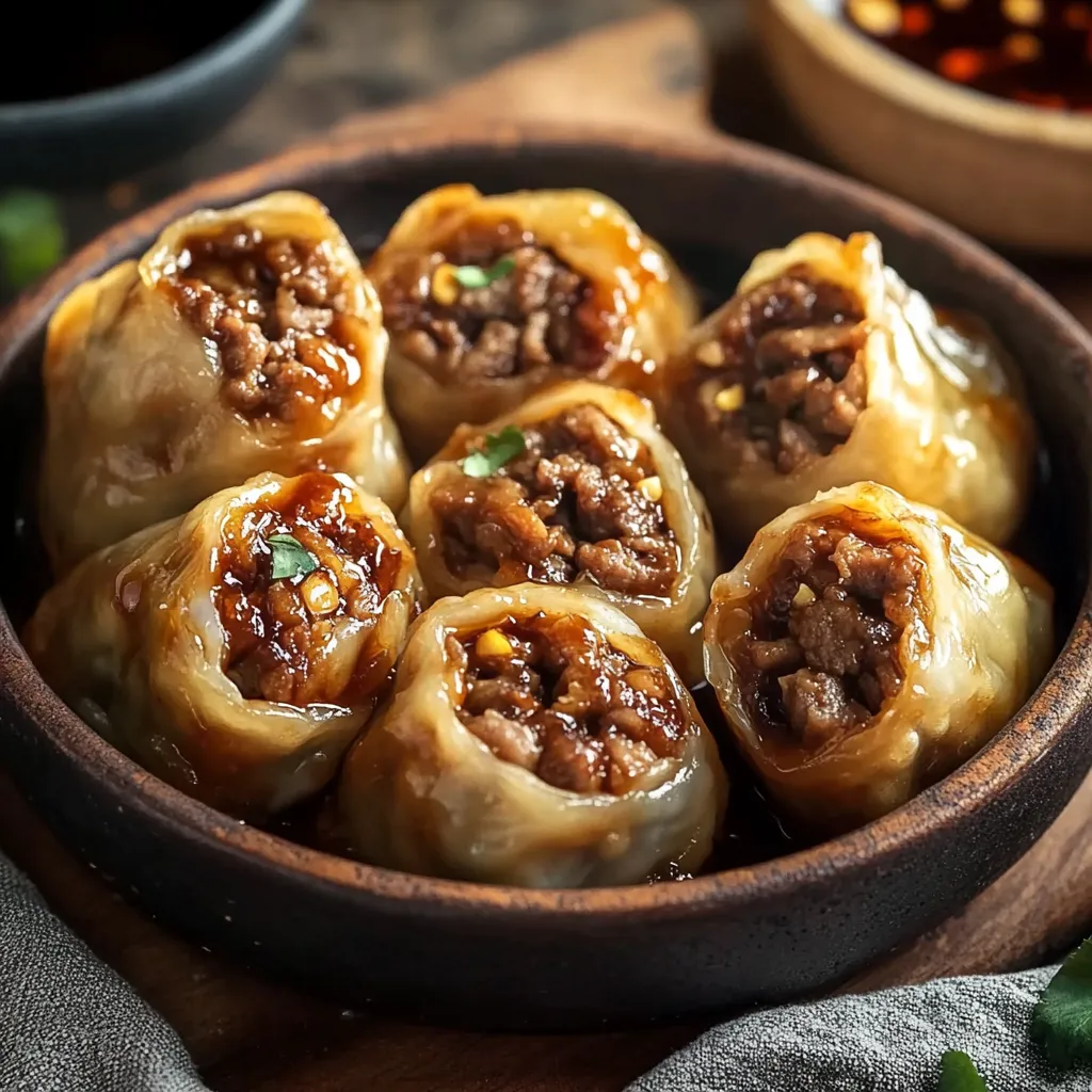 A bowl of meat filled dumplings.
