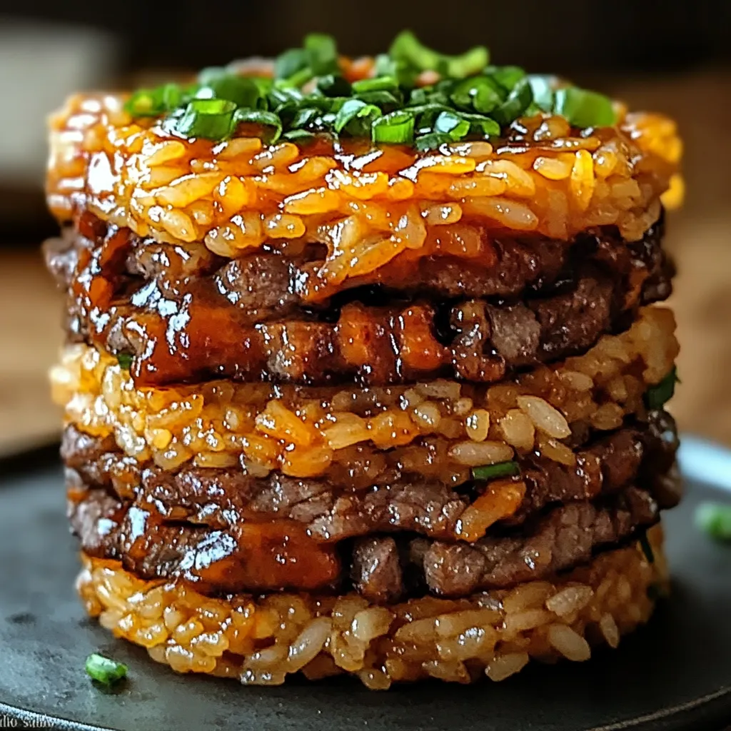A stack of rice with meat on top.