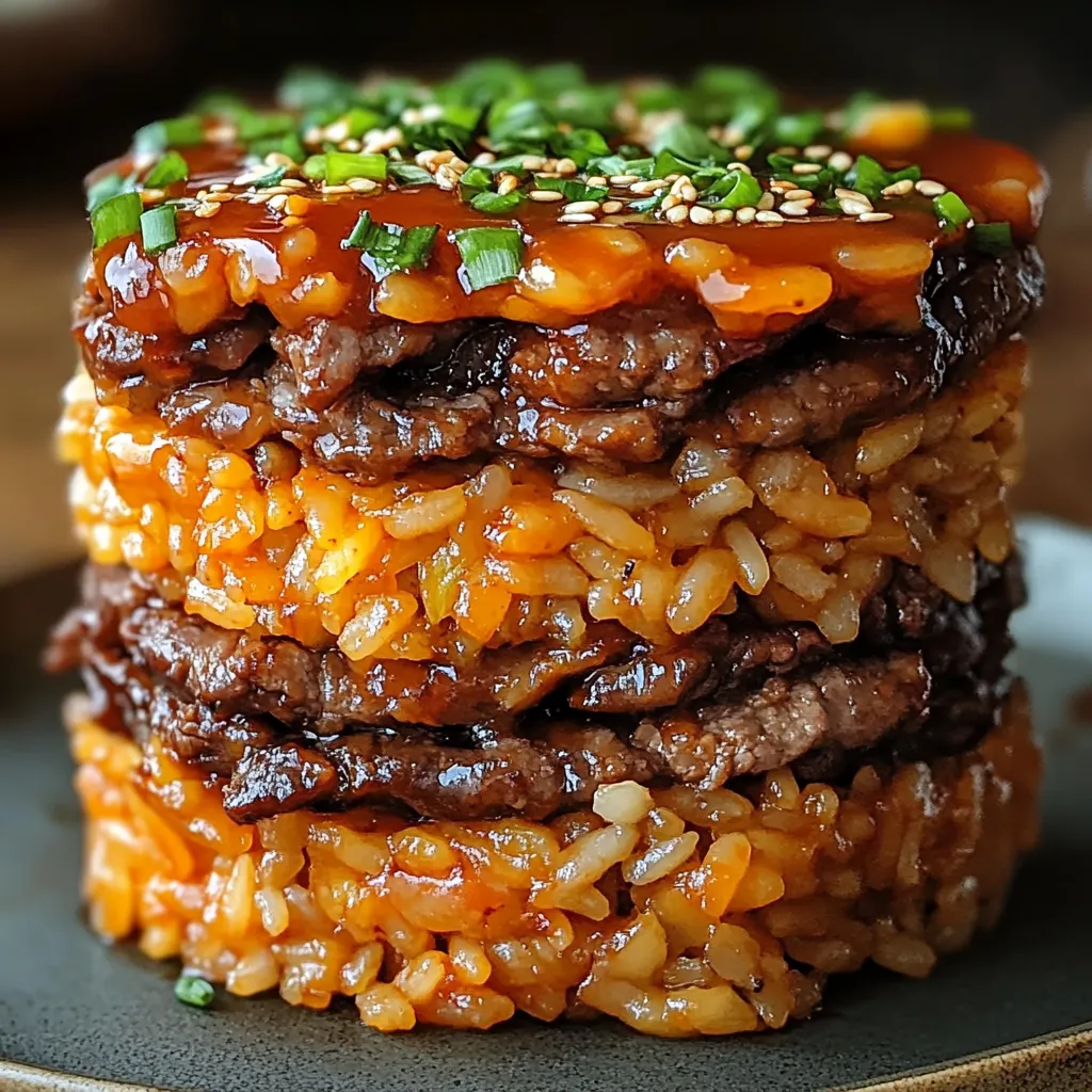 A stack of rice with meat on top.