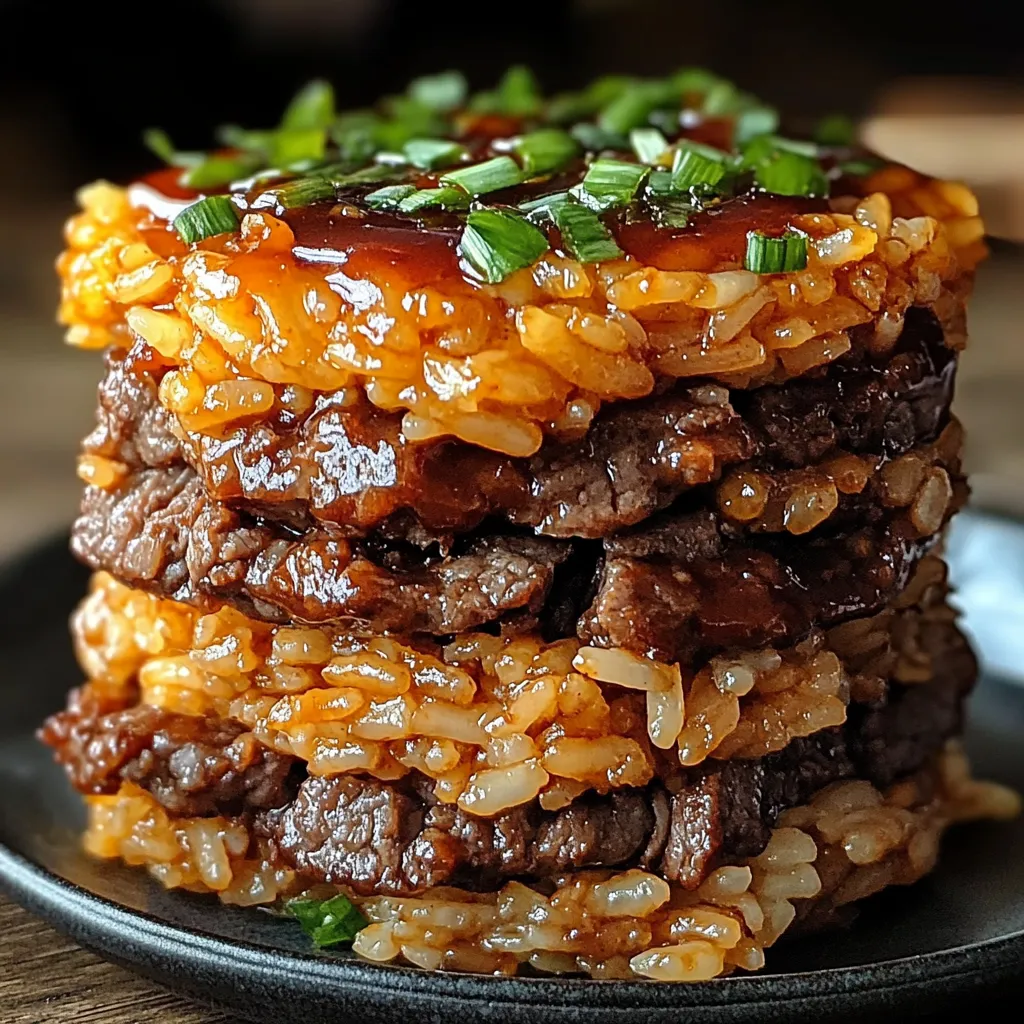 A stack of beef and rice.
