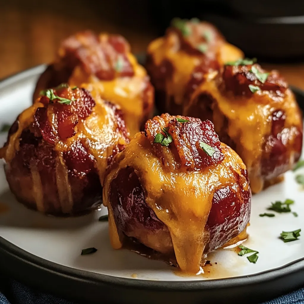 Bacon wrapped cheese balls on a plate.