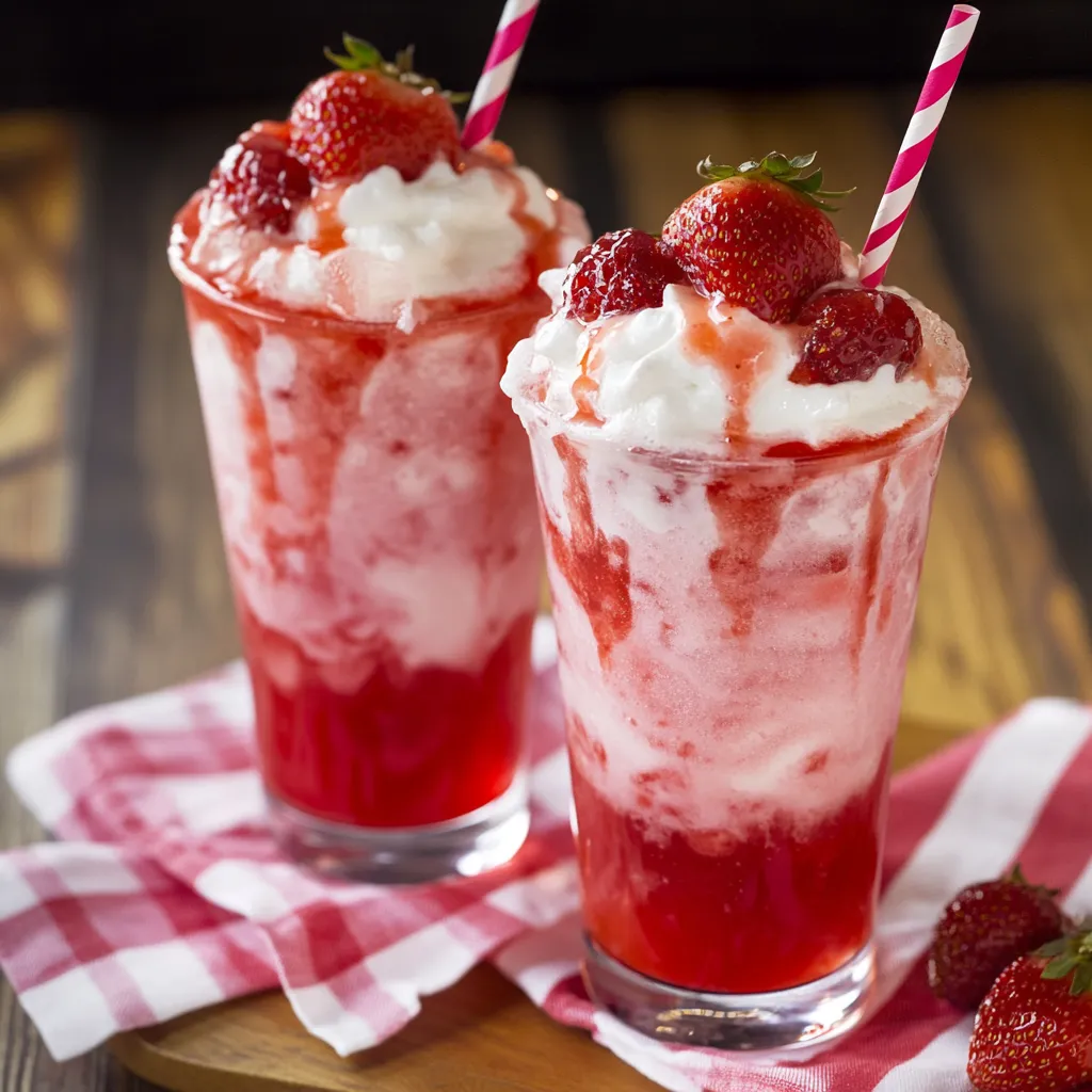 Two glasses of strawberry milkshake with pink straws.