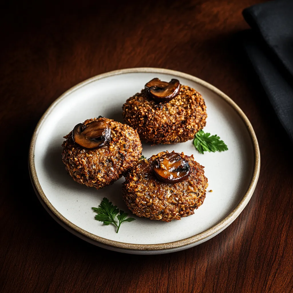 Three mushroom patties on a plate.