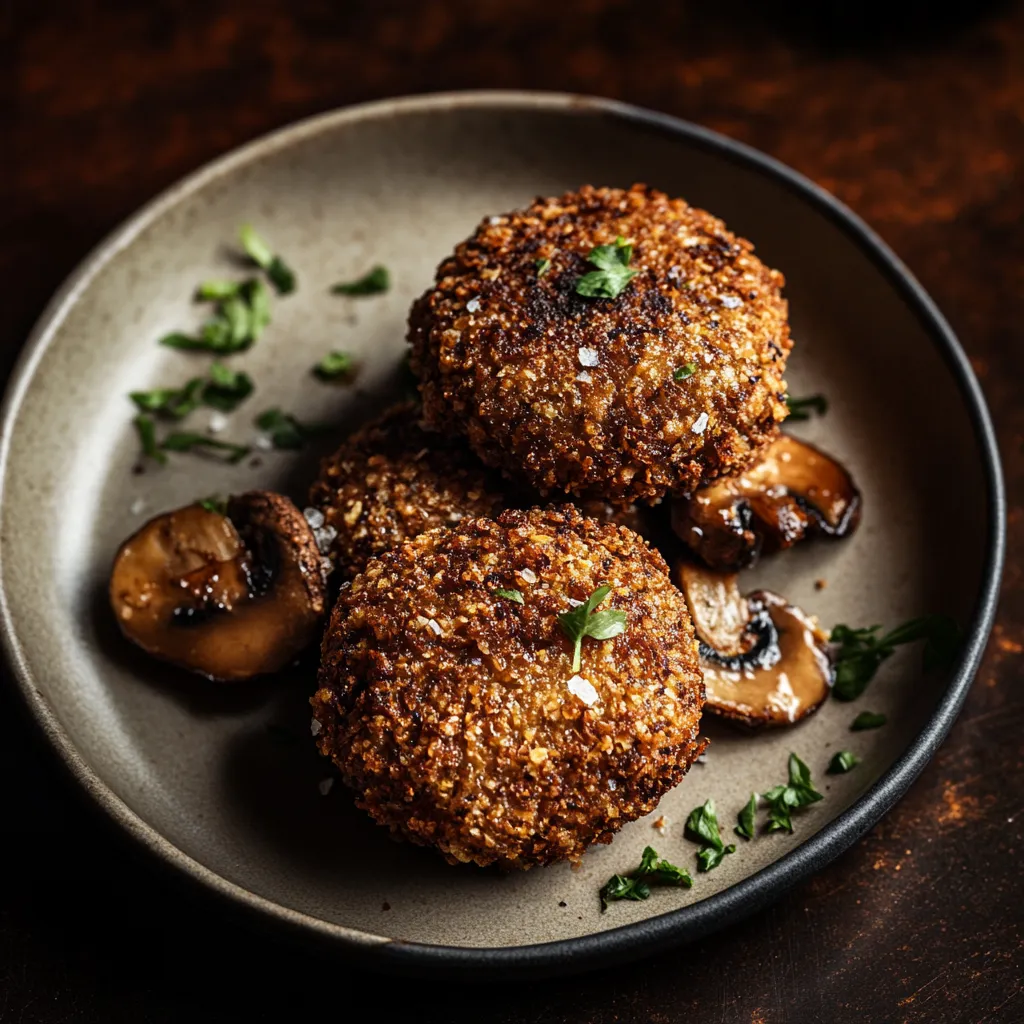 A plate of food with mushrooms and breaded meat.