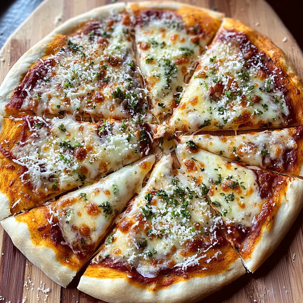 A pizza with cheese and herbs on a wooden table.