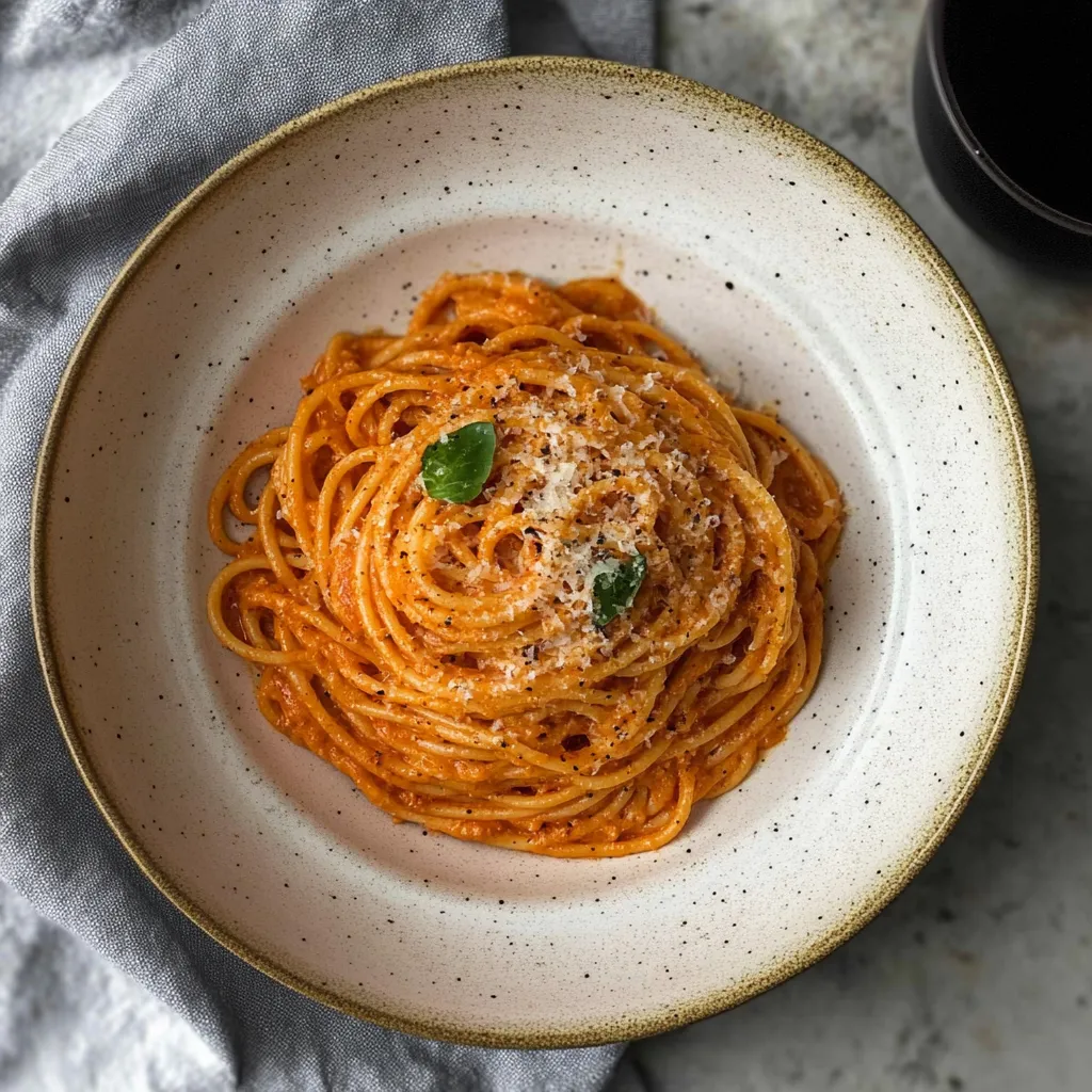 A bowl of spaghetti with sauce and a green herb on top.