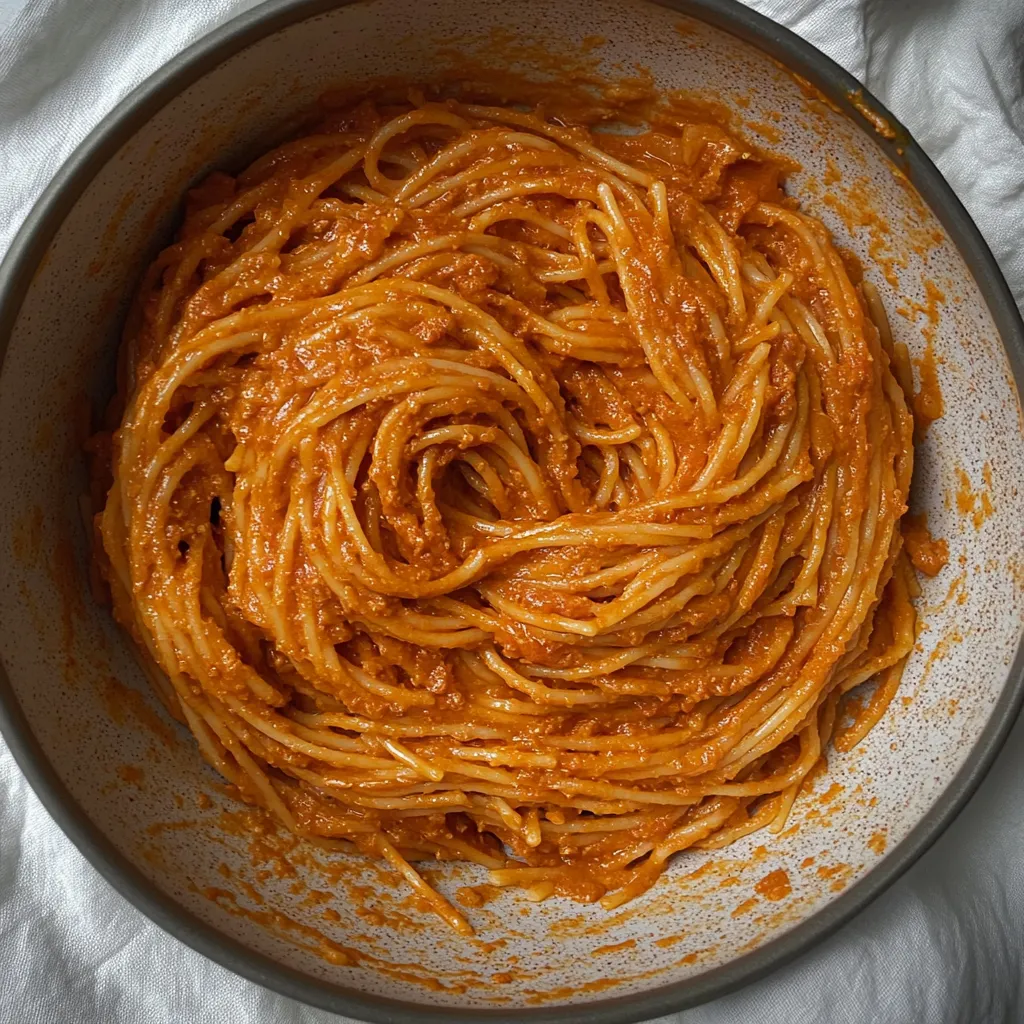 A bowl of spaghetti with tomato sauce.