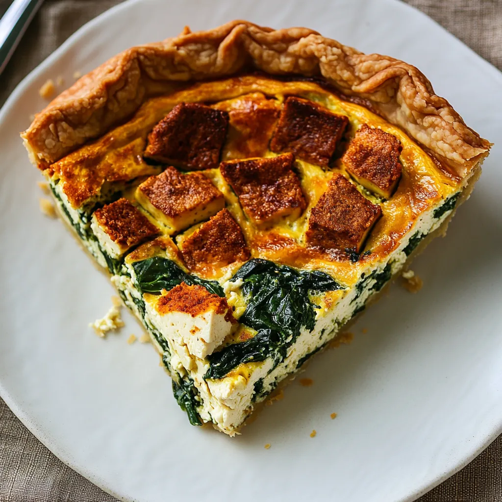 A slice of quiche on a white plate.