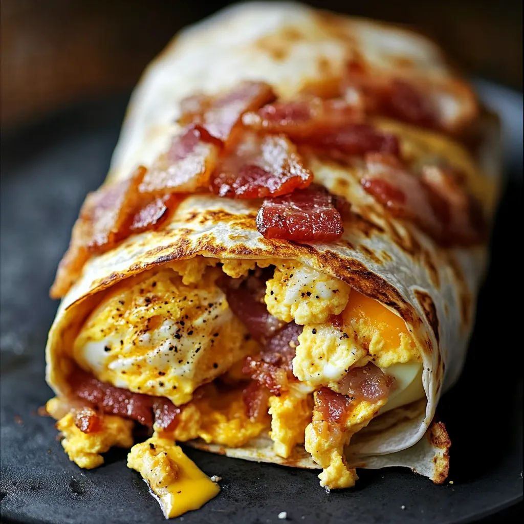 A breakfast burrito with eggs, bacon, and cheese.