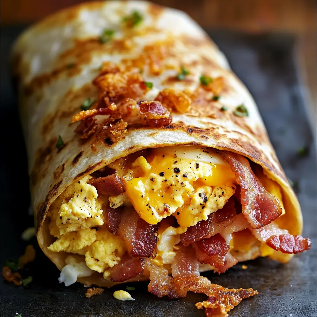 A breakfast burrito with eggs, bacon, and cheese.