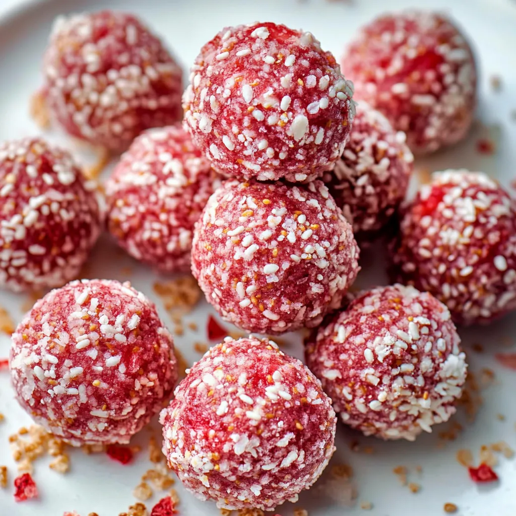 A plate of red balls with white topping.
