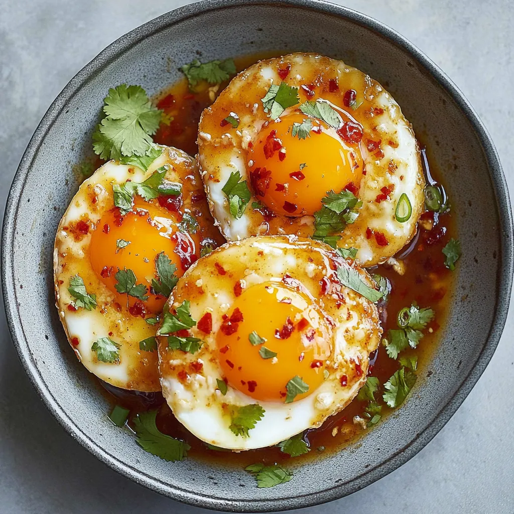 A bowl of eggs with sauce.