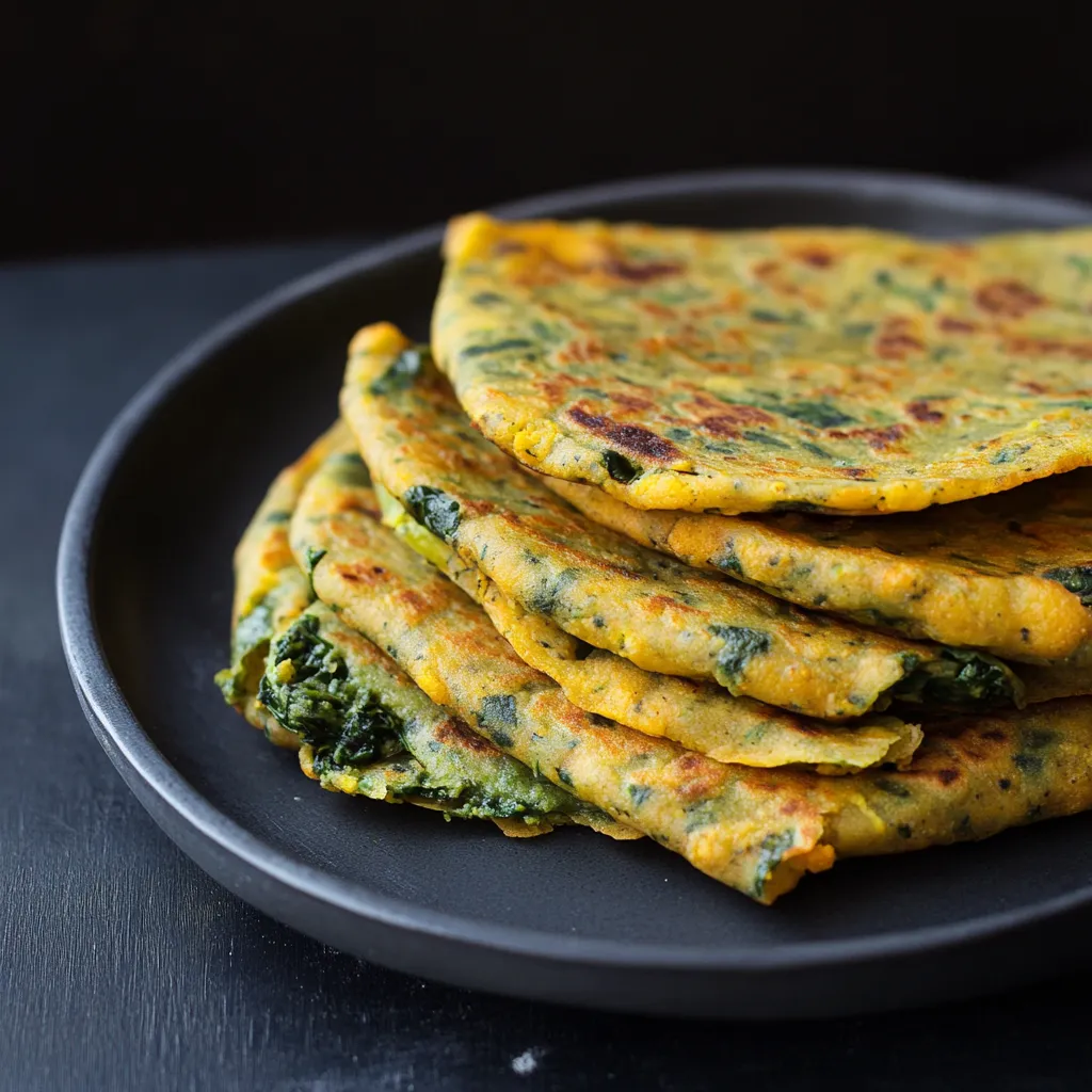 A stack of pancakes with greens on top.