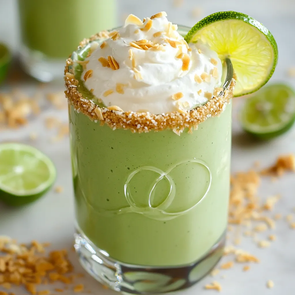 A glass of green smoothie with a slice of lime on top.