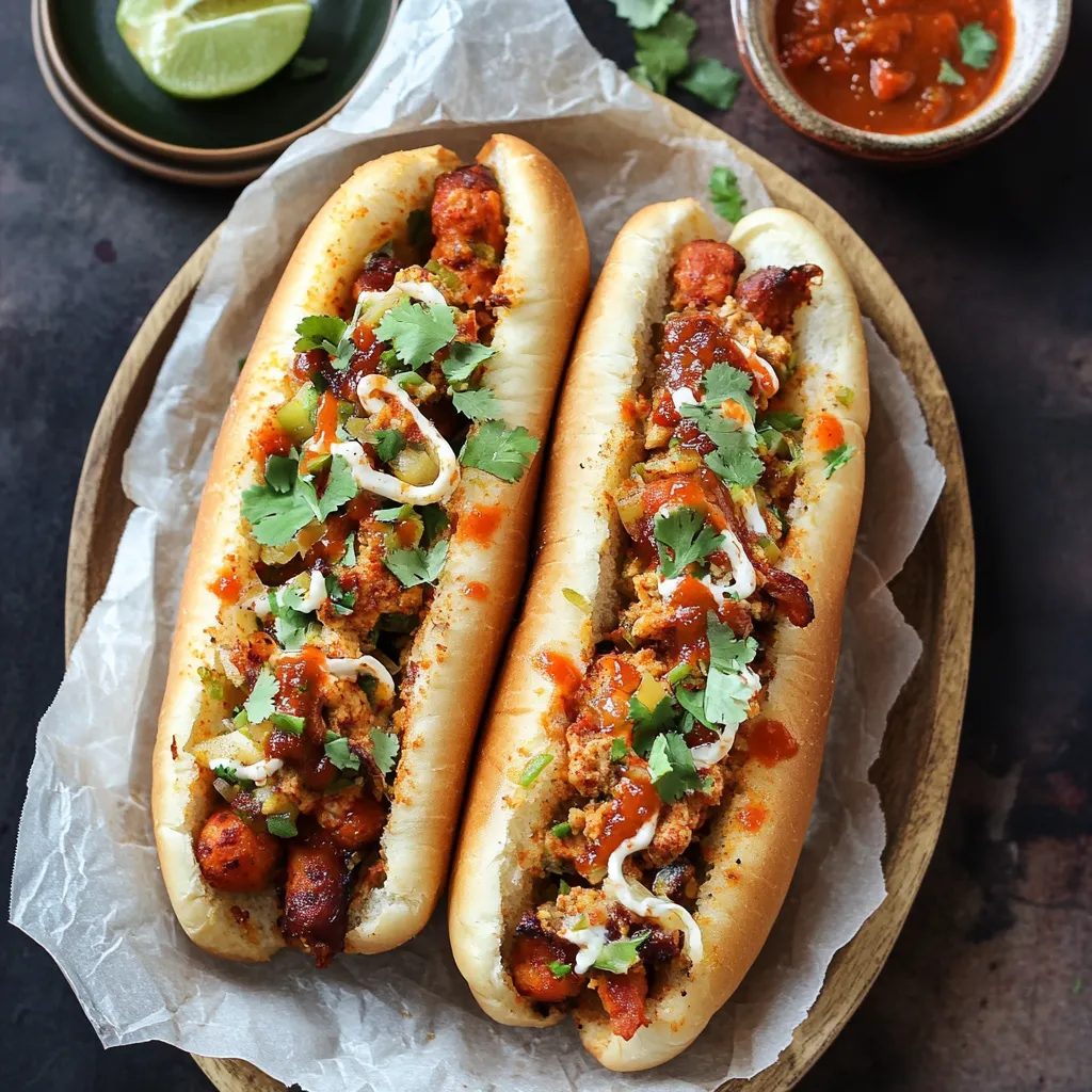 Two hot dogs with toppings on a bun.