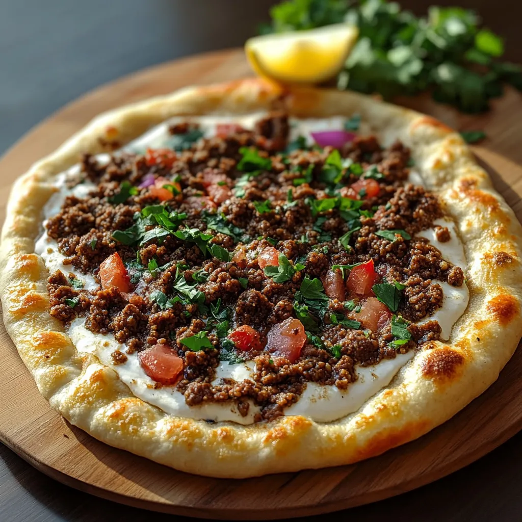 A pizza with meat and tomatoes on a wooden table.