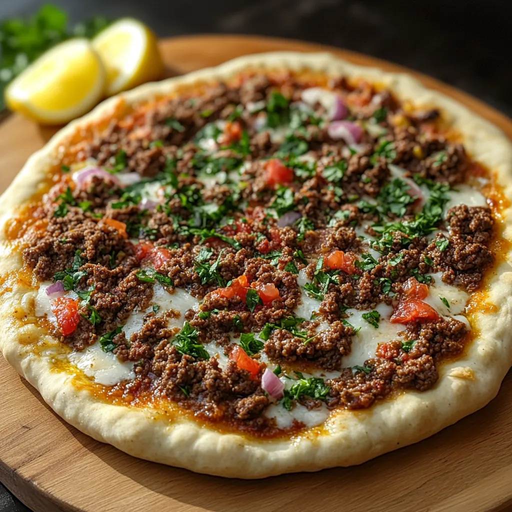 A pizza with tomatoes and meat on a wooden board.