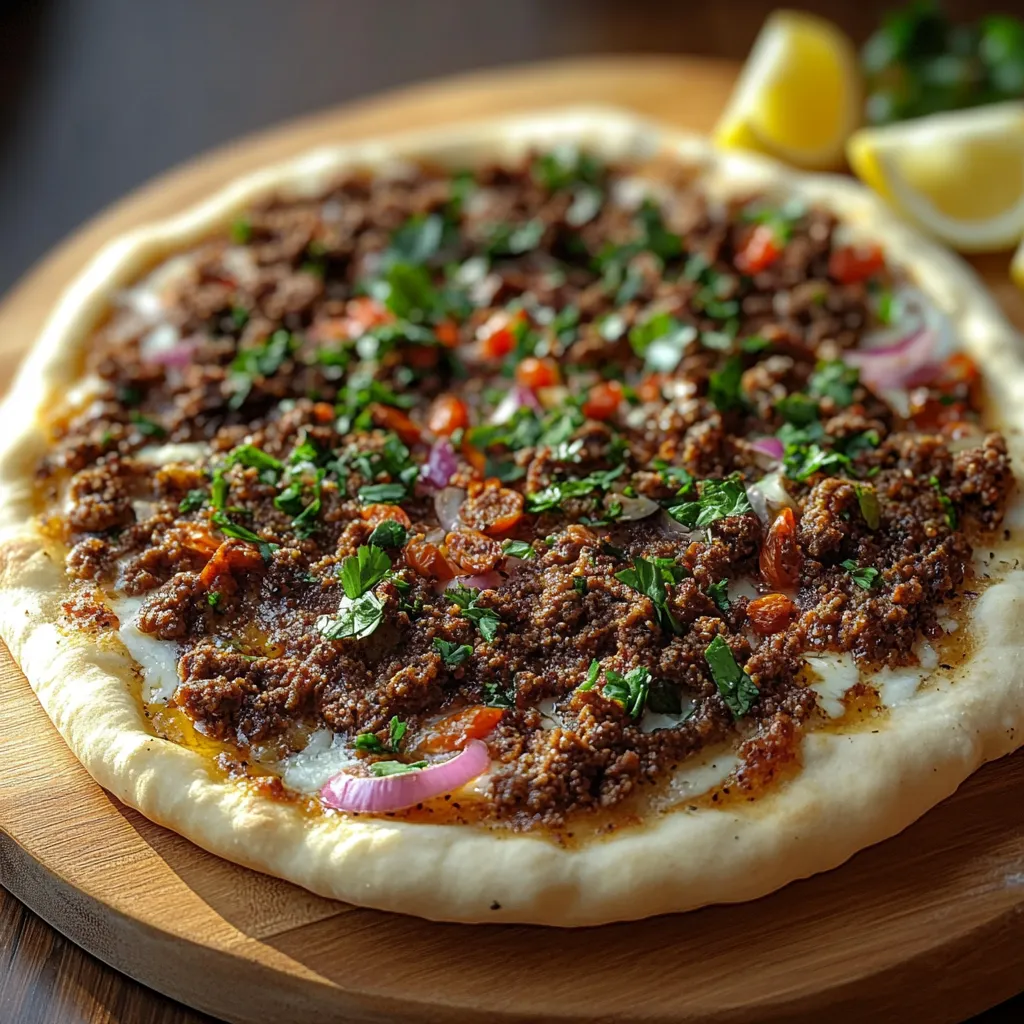 A pizza with meat and vegetables on a wooden board.