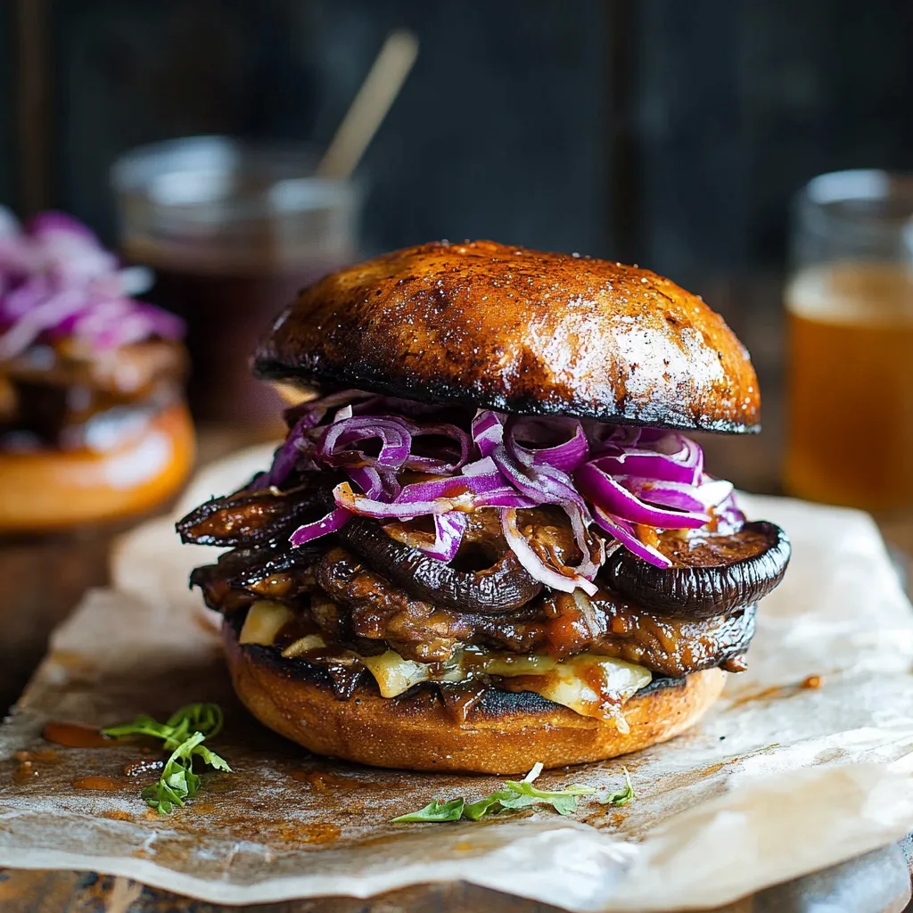 A burger with onions and mushrooms.